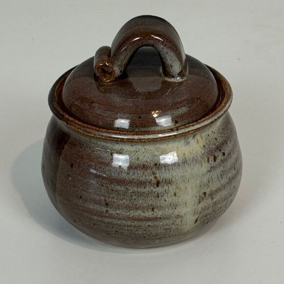 Handmade Small Glazed Brown Studio Art Pottery Jar with Lid Signed - Picture 1 of 8